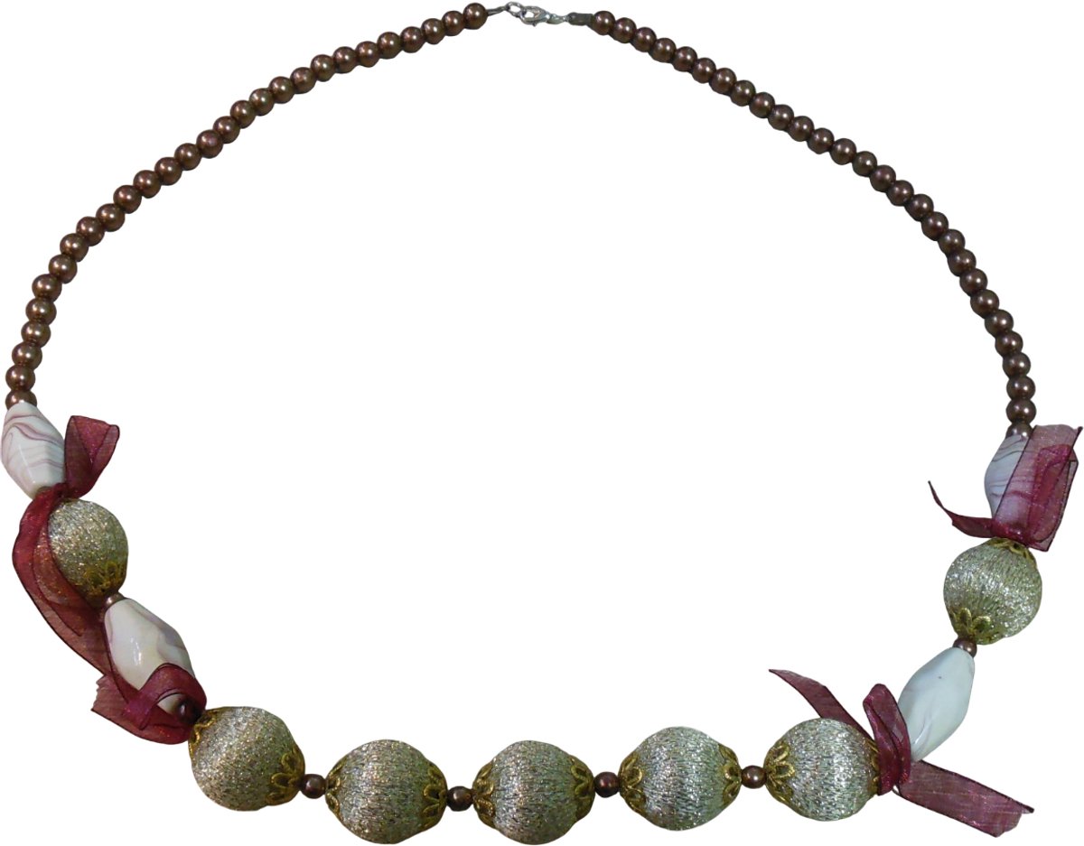 Ketting bruine parels met gouden balletjes+ crèmekleurige figuren+ bordeaux rode strikjes