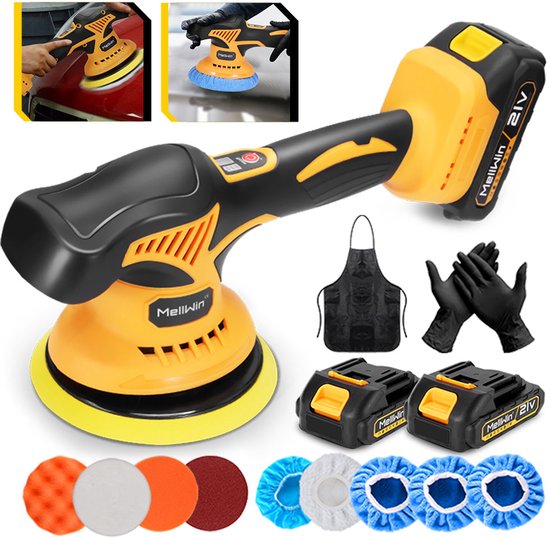 MellWin 21V polijstmachine met zwarte en oranje behuizing, gele polijstschijf, met 2 accu's, schort en handschoenen.