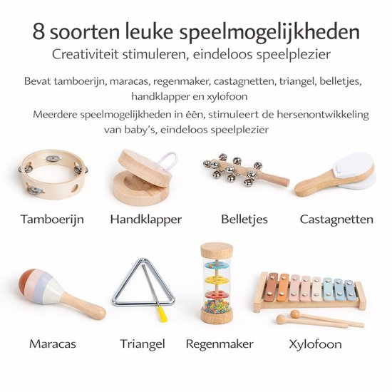 Overzicht van 8 houten muziekinstrumenten: tamboerijn, handklapper, belletjes, castagnetten, maracas, triangel, regenmaker en xylofoon.
