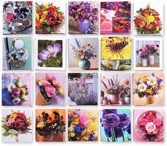 Cards & Crafts 20 Blanco Kaarten Set Bloemen - Blanco Kaarten met envelop - 11x12cm - Bloemenkaarten zonder tekst