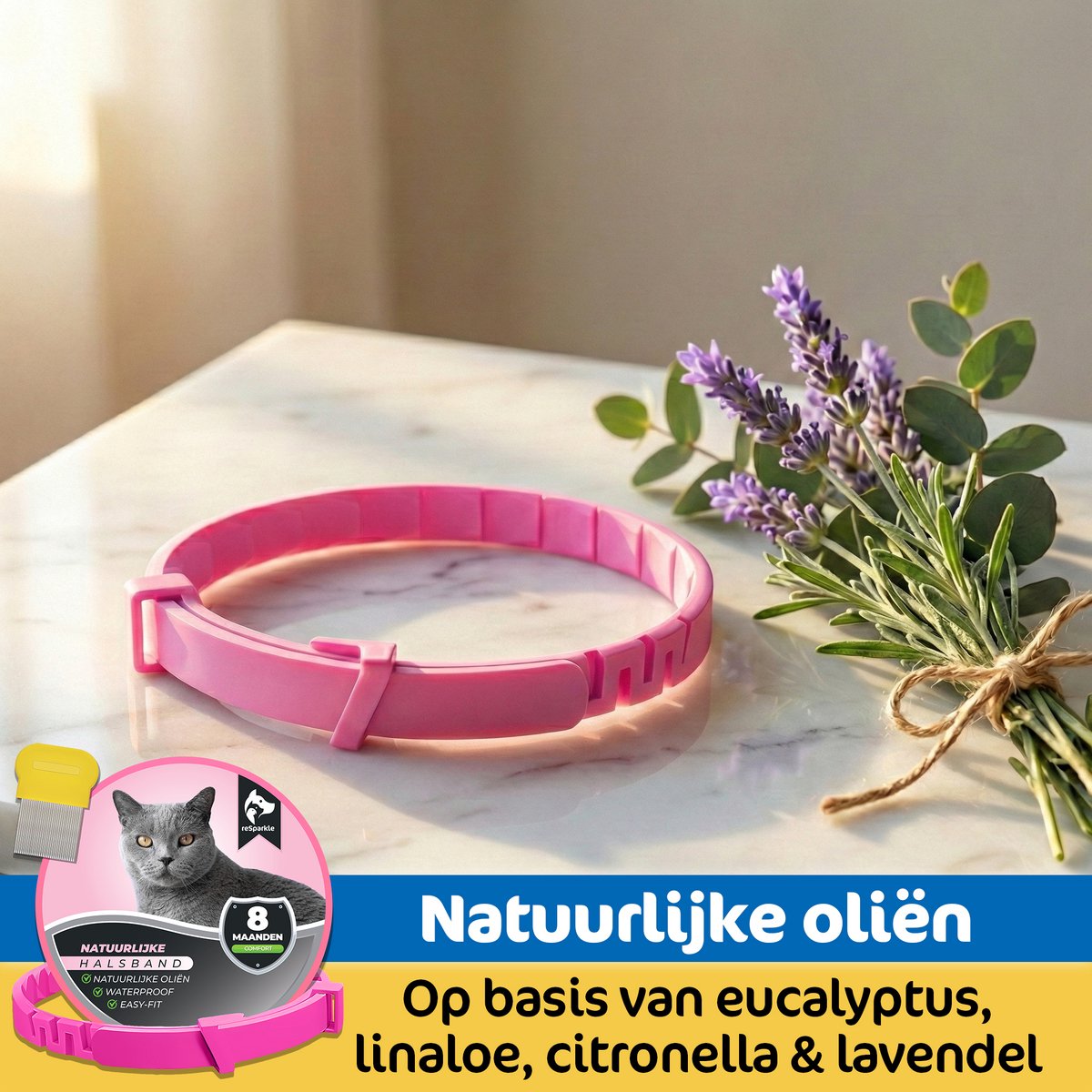 reSparkle Halsband Kat - Natuurlijk - Inclusief Vlooienkam - Roze – foto 4