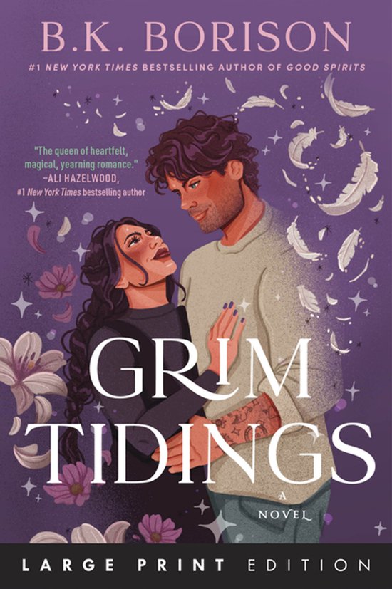Boekcover van Grim Tidings, met een man en vrouw die elkaar omhelzen, met veren en bloemen op een paarse achtergrond. B.K. BORISON.