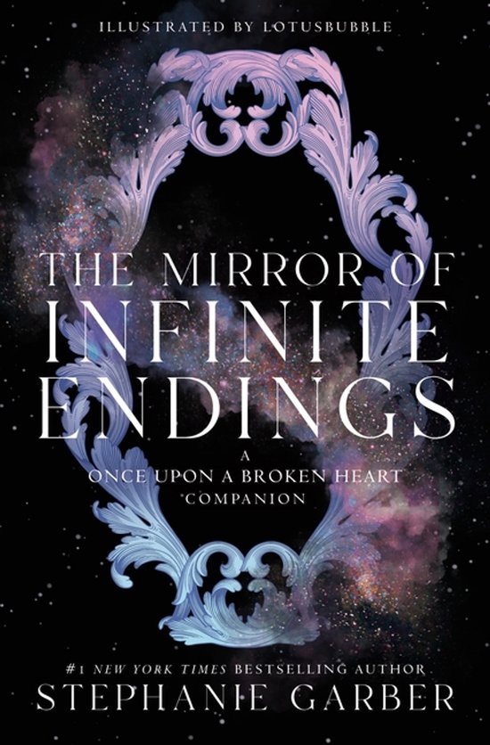 Boekomslag "The Mirror of Infinite Endings", een met sierlijk, paars en blauw decoratief frame, met sterren en nevels op een zwarte achtergrond.