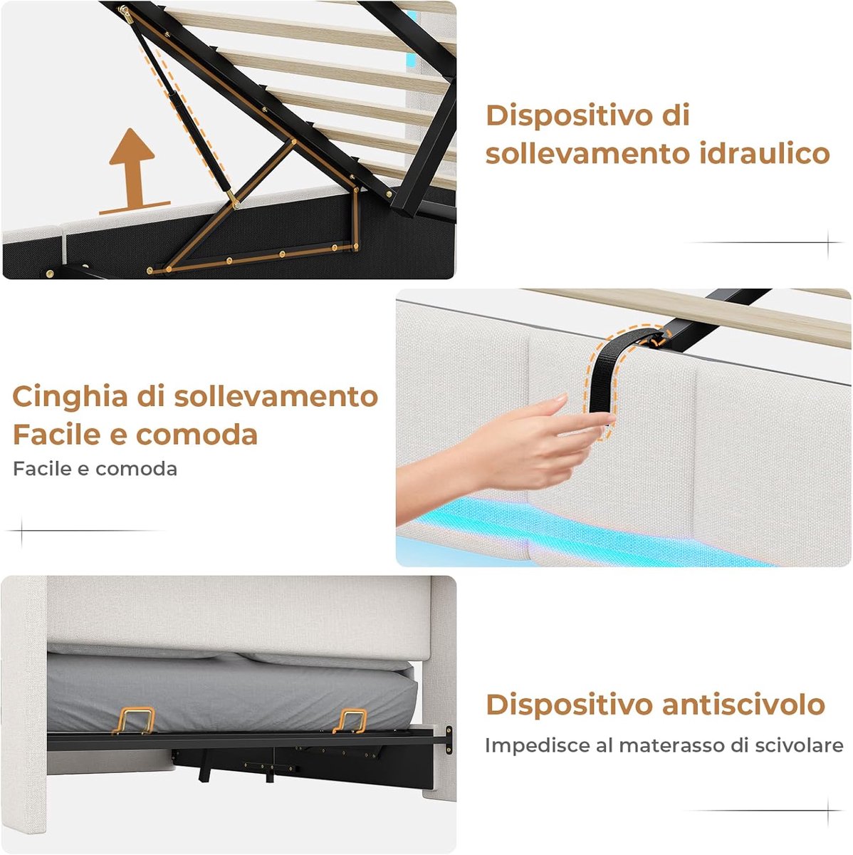 Gestoffeerd Bed 90x200 cm - Casa Serena Urban Smart LED - Hydraulisch Opbergbed met USB & LED verlichting - Modern Tienerbed met Hoofdeinde en Lattenbodem - Luxe Linnen Beige – Casa Dorada