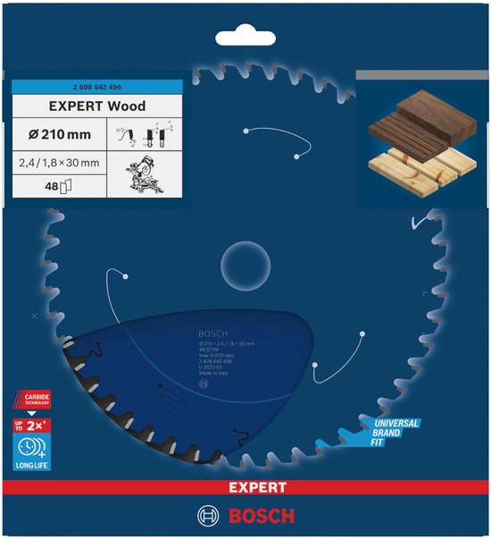 Bosch expert Wood cirkelzaagblad, Ø 210 mm, 48 tanden, blauw met "CARBIDE TECHNOLOGY" en "LONG LIFE".