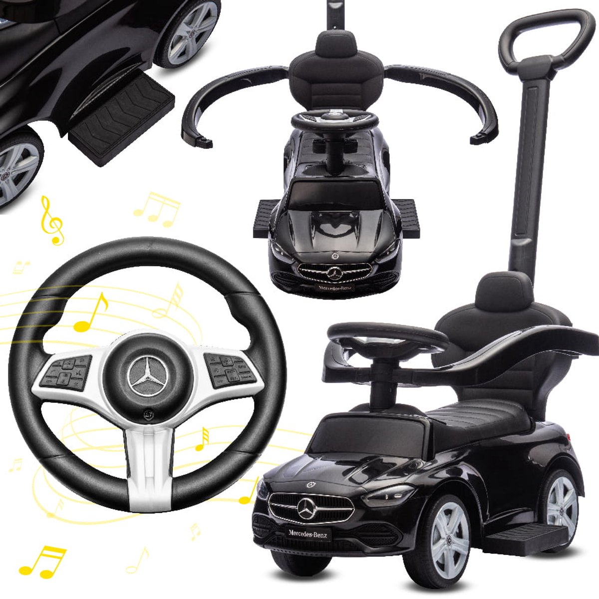 COIL loopauto met duwstang – Mercedes AMG - 3-in-1 ride on auto – kinderauto met stuur - interactief stuurwiel - voetsteunen - zijrails – voor kinderen vanaf 12 maanden - zwart