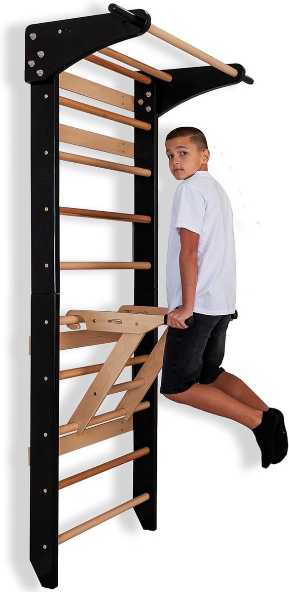 Zweedse Ladder - Klimwand Kinderen - Thuis Fitness - Met Optrekstang - 220 cm Hoog - Zwart
