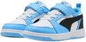 Unisex Puma Rebound V6 Lo AC+ PS sneakers in wit, lichtblauw en zwart met klittenbandsluiting.