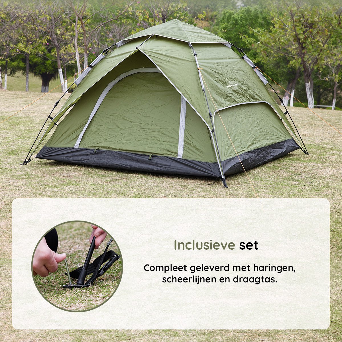 Eastwall Kampeertent - Pop-up Campingtent - 230 x 230 cm - UV bescherming - 3-4 personen - Tent - Groen – foto 2