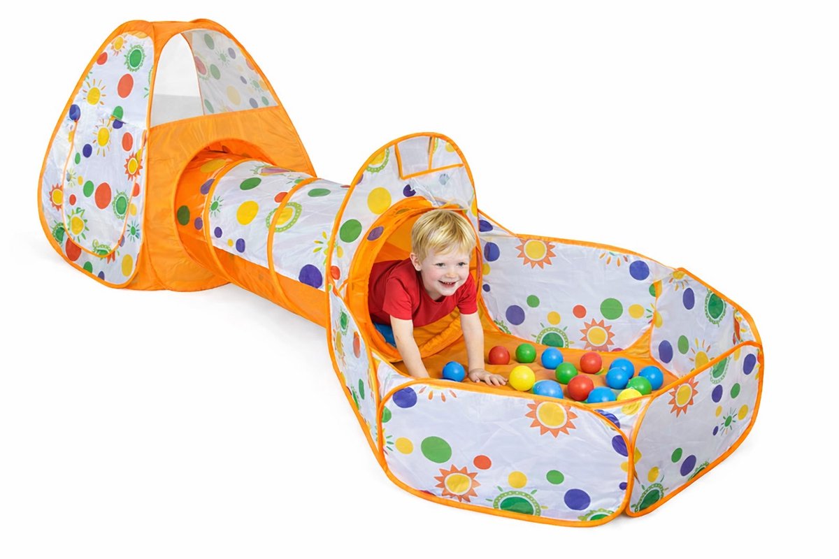 Goodz4All Oranje Tunneltent 3-in-1 Speeltent Pop Up Tent met Ballenbak en Tunnel Kruiptunnel met 15 Ballen Kinderen Popup – Kindertent Speelhuisje met Speeltunnel en Ballenbad en 15 Ballenbakballen Pop-Up Tenten
