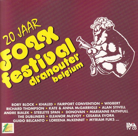 20 Jaar Folk Festival Dranouter Belgium pochette avec texte jaune et orange et dessin d'une figure jouant d'instruments à vent.