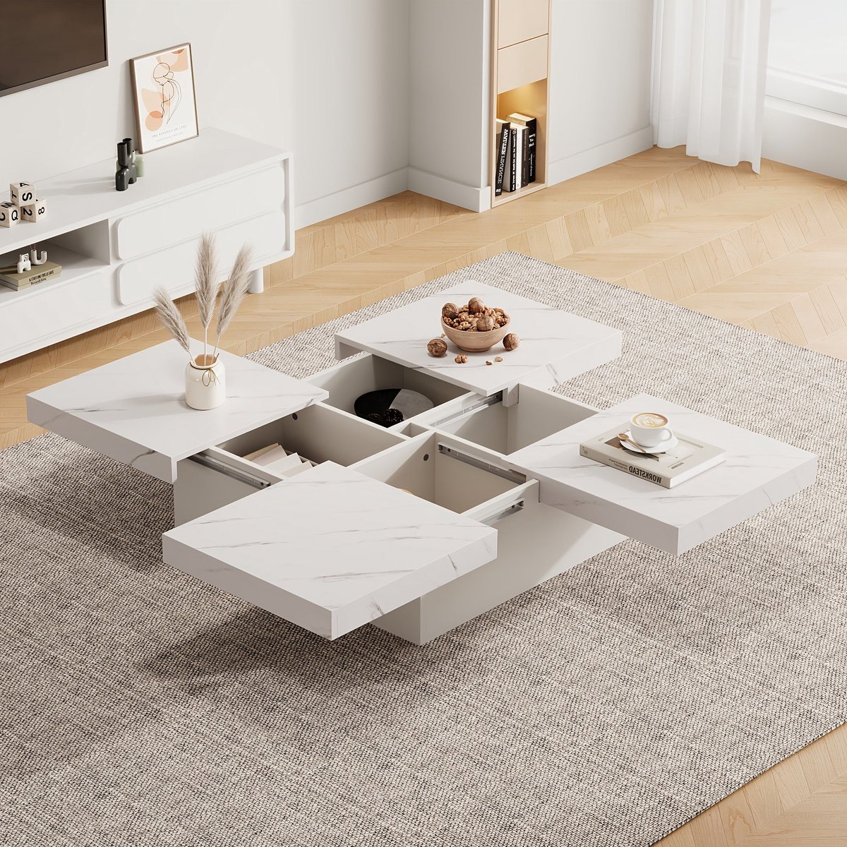 Salontafel – Tafel – Bijzettafel – Woonkamertafel – Lounge Tafel – Modern Wit – Marmerlook – Vier Laden – Schuifbaar Tafelblad – 90x90x25 cm – Draagvermogen 30 kg