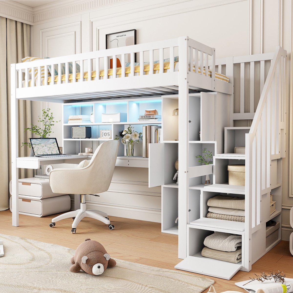 Hoogslaper - 90 x 200 cm - met ledverlichting - opbergladder, legplanken, opbergvakken, bureau - zonder matras - wit