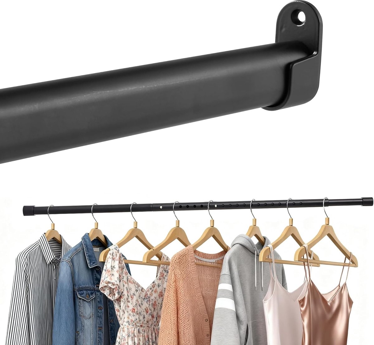 QTTVBTNA -Ovale Garderobenstange - Garderobenstange - Verstelbare Lengte 42–100 Cm - Gelegeerd Staal - Wandmontage Met 2 Houders - 1 Stuk- zwart