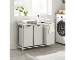 Wasmand Met 3 Vakken, Uittrekbaar Wassorteerder, Afneembaar Waszak, 3 X 38L, 92,5 X 33 X 72 Cm, Wit