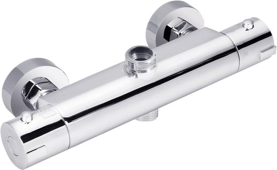 Chroom thermostaatkraan, gedetailleerde weergave, met aansluitingen en knoppen.