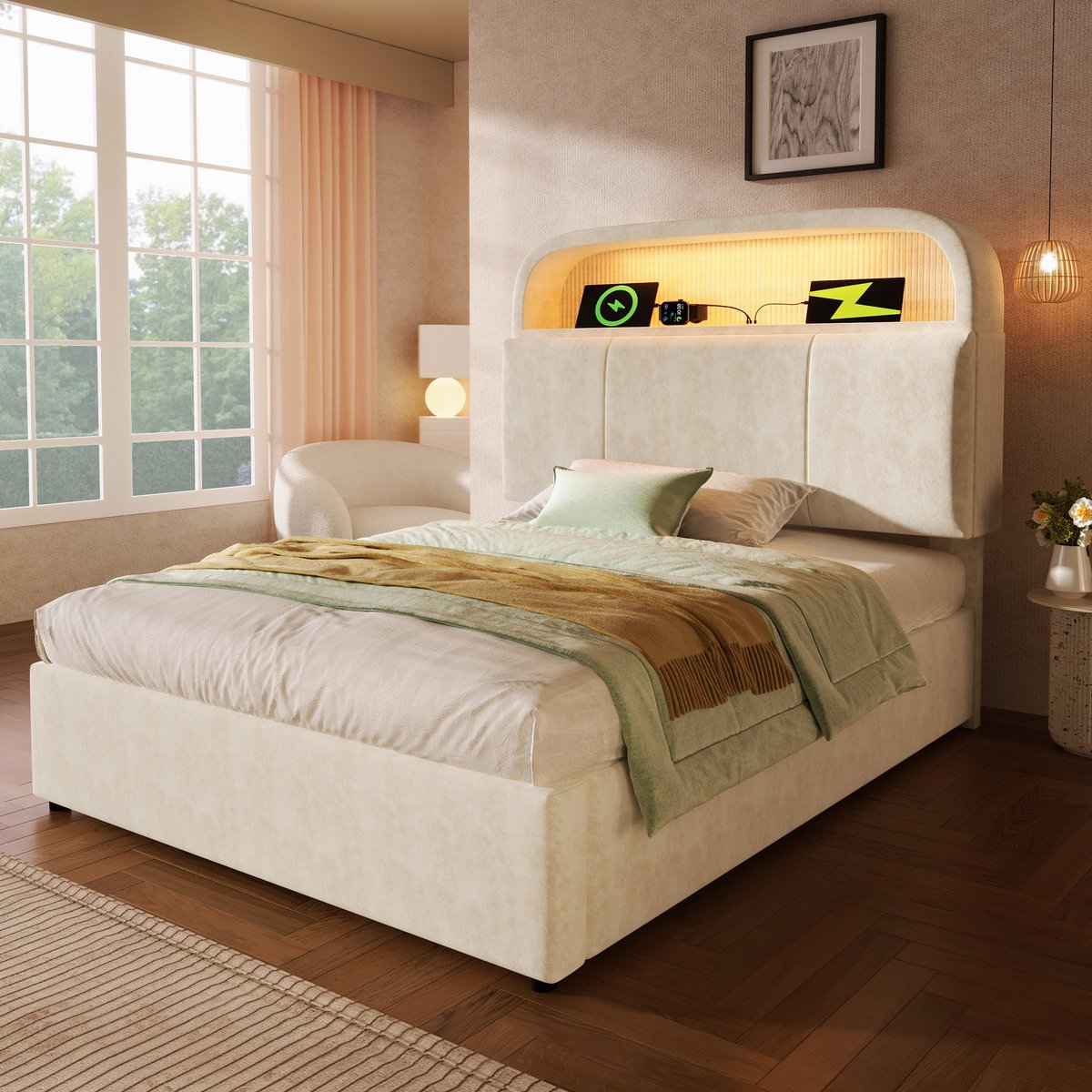 Eenpersoonsbed met zachte bekleding – afmetingen 90 x 200 cm – met in hoogte verstelbaar hoofdeinde met opbergruimte – hydraulisch bed met ledverlichting en USB/Type-C-oplaadstation – fluweel – beige – inclusief lattenbodem (zonder matras)