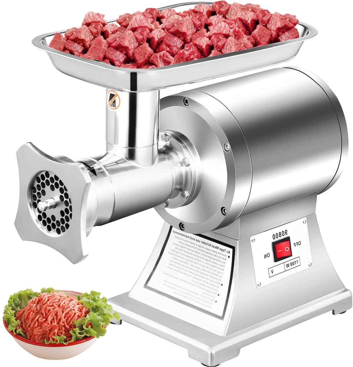 Elektrische Gehaktmolen - Voor Alle Soorten Vlees - Roestvrij Staal - Vleesmolen - 1100W - 330LBS/h - 193 RPM - Vleesmolens - Worstenmaker - Roestvrij Staal - Zilver