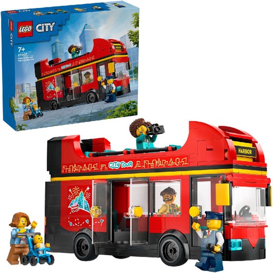 LEGO dubbeldekker bus, rood met gele accenten en 'City Tour' opdruk, naast de verpakking.