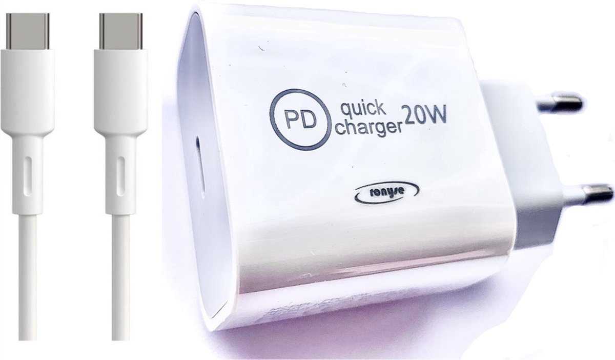 Ronyse® 20W USB C Adapter met USB-C Stekker - 1 Meter - Adapter & Oplaadkabel - Universeel - USB-C naar USB-C - Wit