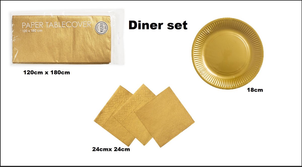 Diner set goud - 1x Tafelkleed goud 120cmx 180cm + 20x Bord 18cm goud + 20x servetten goud 24cm x 24cm - Themafeest gold party