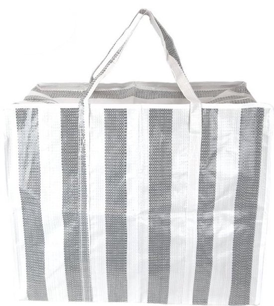 Sac de rangement à rayures grises et blanches avec des poignées.