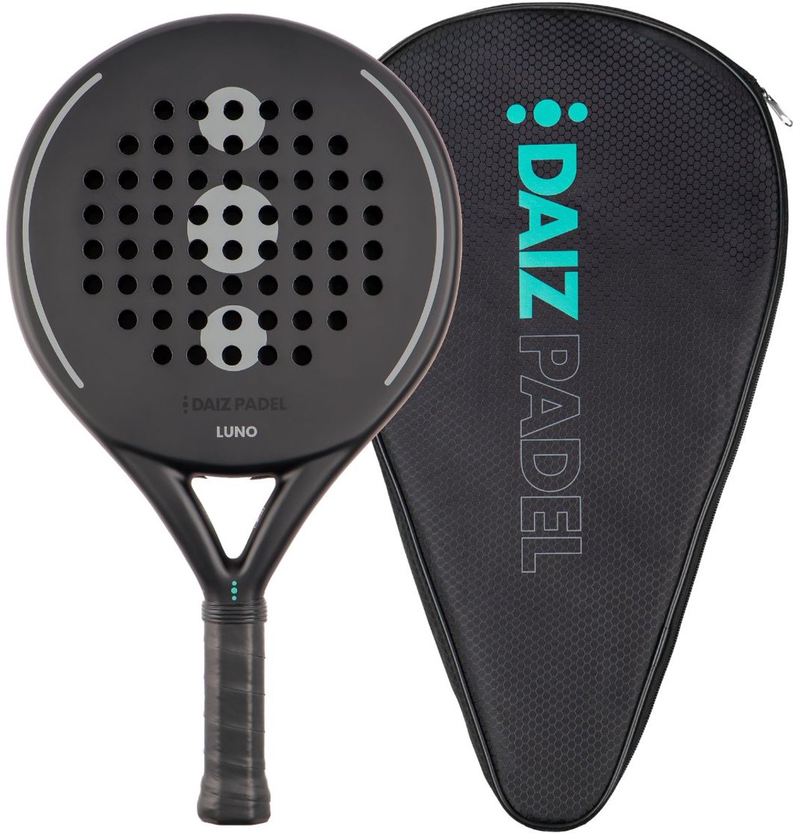 DAIZ PADEL RACKET - Luno Round - Premium Carbon - Inclusief Thermo Padeltas & Padel Protector - Padel Racket Zwart Grijs