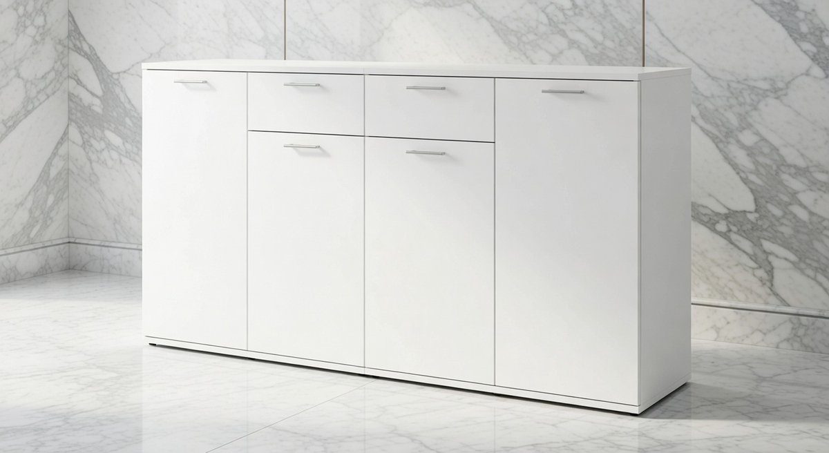 Modern Sideboard 160 cm – Witte Buffetkast met 4 Deuren en 2 Laden – Wandmontage Mogelijk, Opbergkast en Woonkamermeubel voor Decoratie en Organisatie-NoviHome