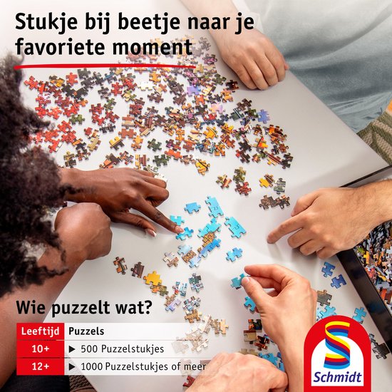 Groupe de personnes faisant un puzzle. "Pièce par pièce vers votre moment préféré". Âge 10+, 500 pièces. Âge 12+, 1000+ pièces.