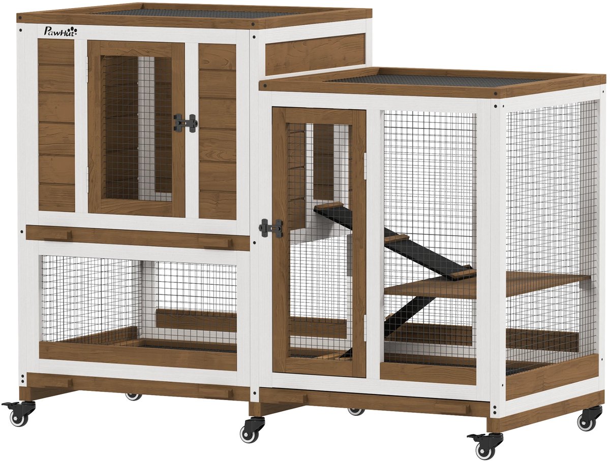 Konijnenhok binnen met ren en wielen - 110x50x86 cm – Houten konijnenkooi met lade en helling – Binnenhok voor konijnen en knaagdieren - Bruin