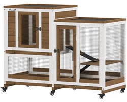 Konijnenhok binnen met ren en wielen - 110x50x86 cm – Houten konijnenkooi met lade en helling – Binnenhok voor konijnen en knaagdieren - Bruin
