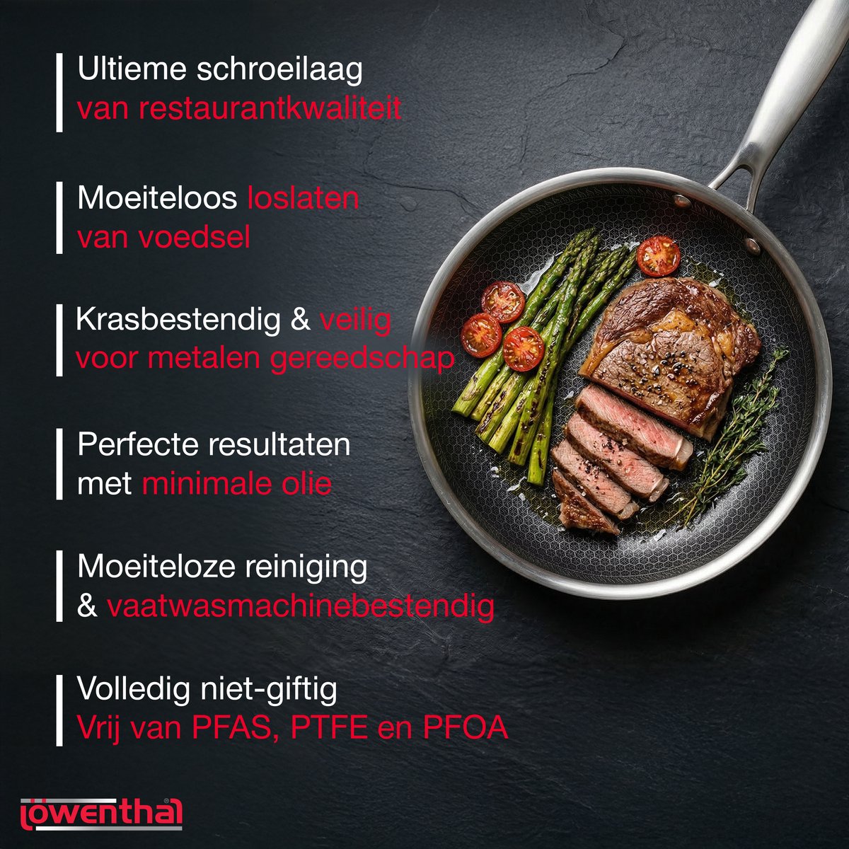 Koekenpan Ø 24 cm - PFAS Vrij & PTFE Vrij - RVS Honingraat Hybride Pan - Geschikt voor Inductie, Elektrisch, Keramisch & Gas - Hexagon Anti Aanbak Pan - Krasbestendig - Oven tot 280°C - Duurzame Keramische Coating - Keukengerei - Koken - Löwenthal — cadeau in Koken & Dineren - foto 2