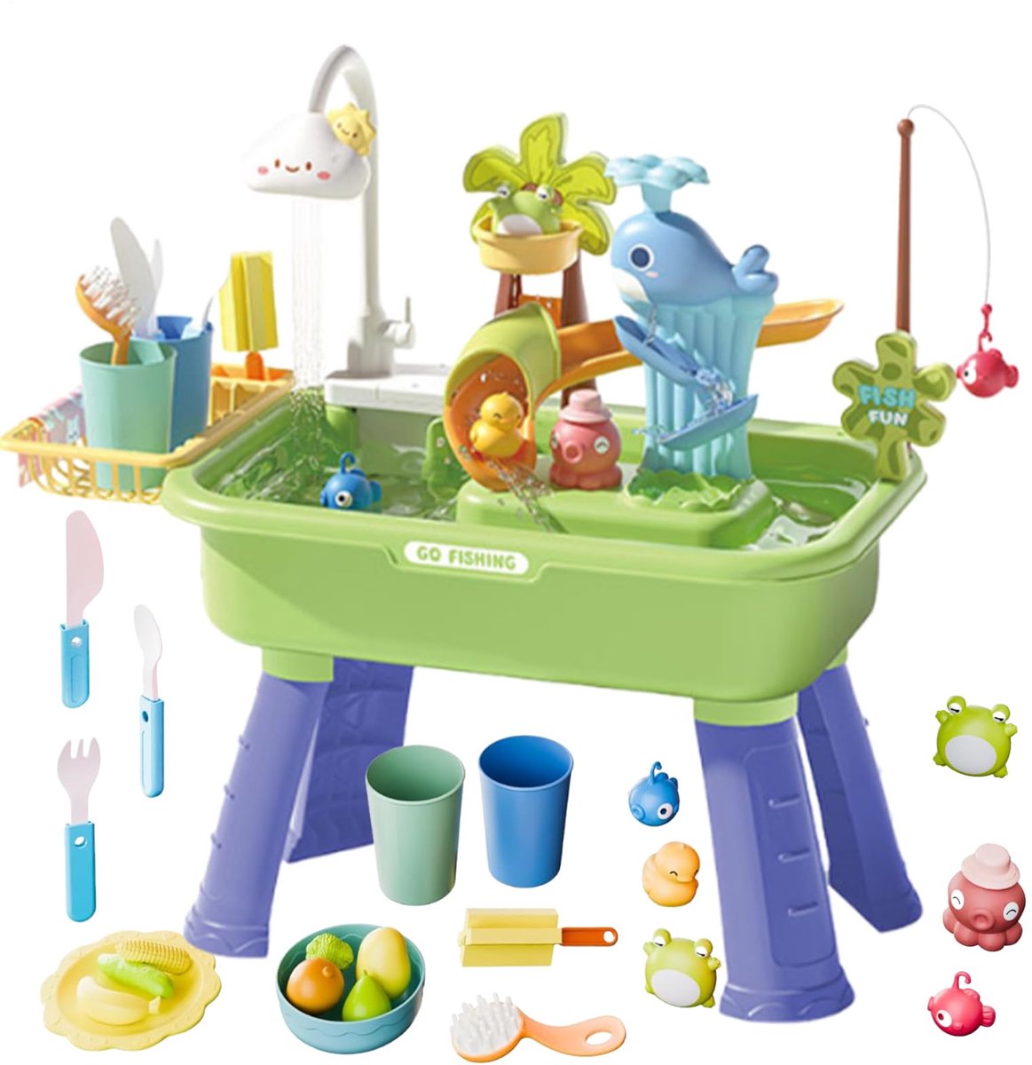 4-in-1 elektrische watertafel - voor peuters van 1-3 jaar - Keukenspeelgoed met stromend water - voor kinderen met waterpomp - Dieren, eten, servies, rollenspel, verjaardagscadeau voor jongens en meisjes - groen