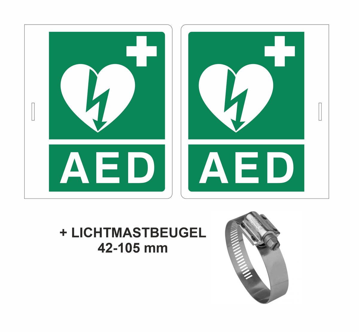 AED REFLECTEREND (7-10 jaar buitengebruik) 15x20 cm DIBOND bord haaks + lichtmastbeugel 42-105 mm