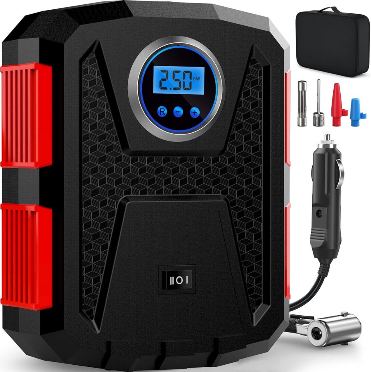 VIN® Draagbare Luchtcompressor Fietspomp 12 V Elektrische Pomp - Voor Auto en Fiets - Met Ledlicht en Digitale Bandenspanningsmeter - Automatische Pomp/Uitschakeling - Draagtas - Zwart