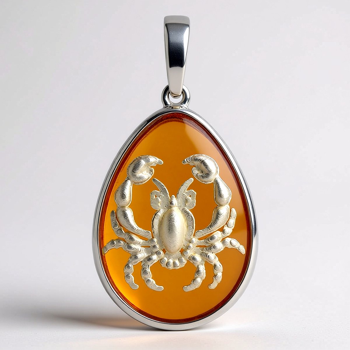 Cavill - Zilveren hanger 925 Sterling Zilver met 3,25 ct Baltische Barnsteen peervormige cabochon - Elegant kreeftmotief - Luxe sieraad
