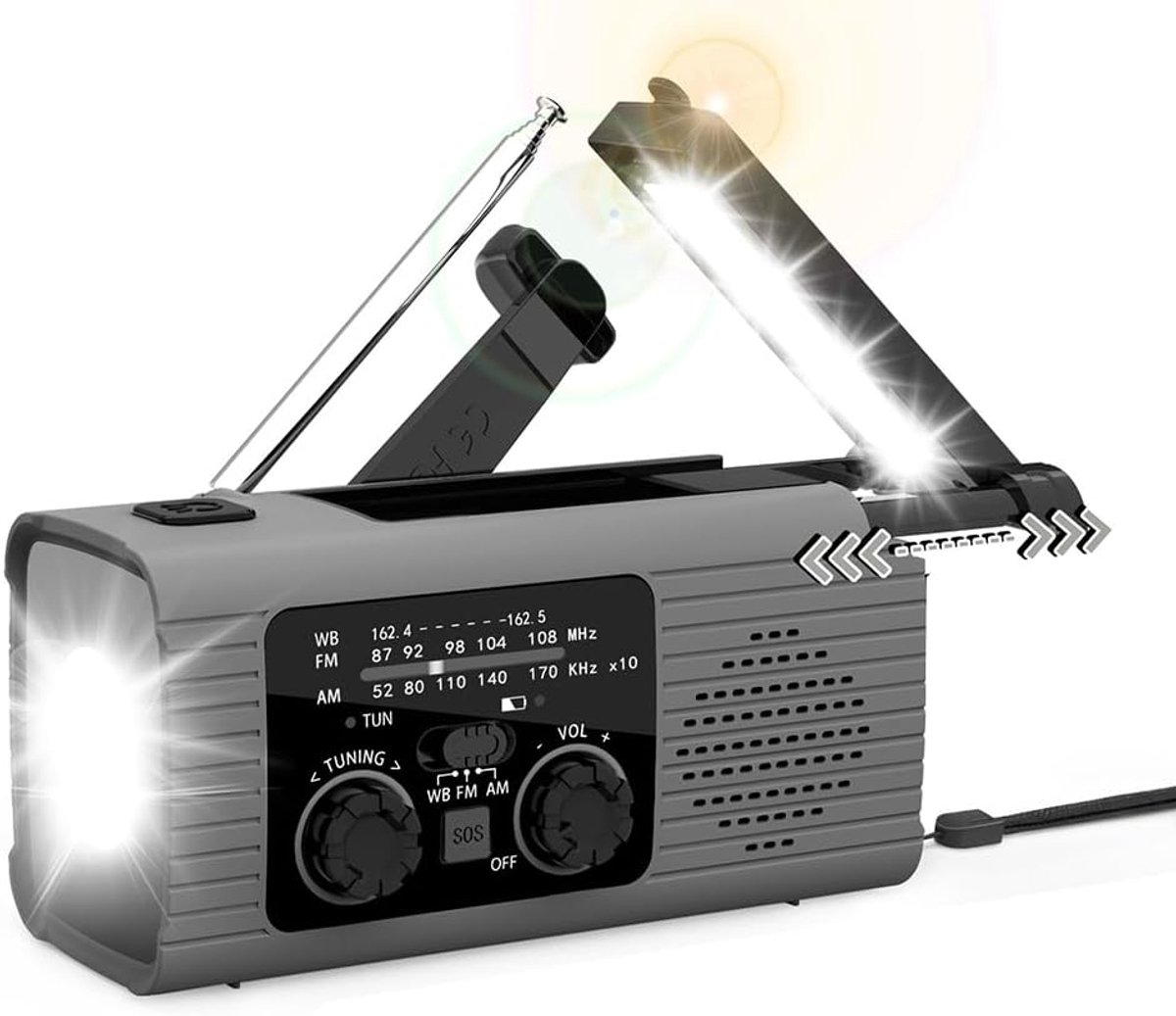 Noodradio - Rampenpreventie Apparaat - Communicatie Bij Nood - Hand Crank Solar - Compact Formaat - Grijs