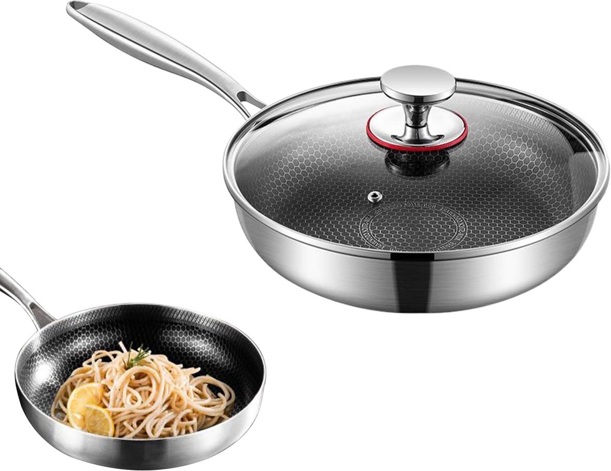 Antiaanbak Koekenpan - RVS Pan - Keuken Maaltijdbereiding - Krasbestendig Deksel - 28 x 48 cm