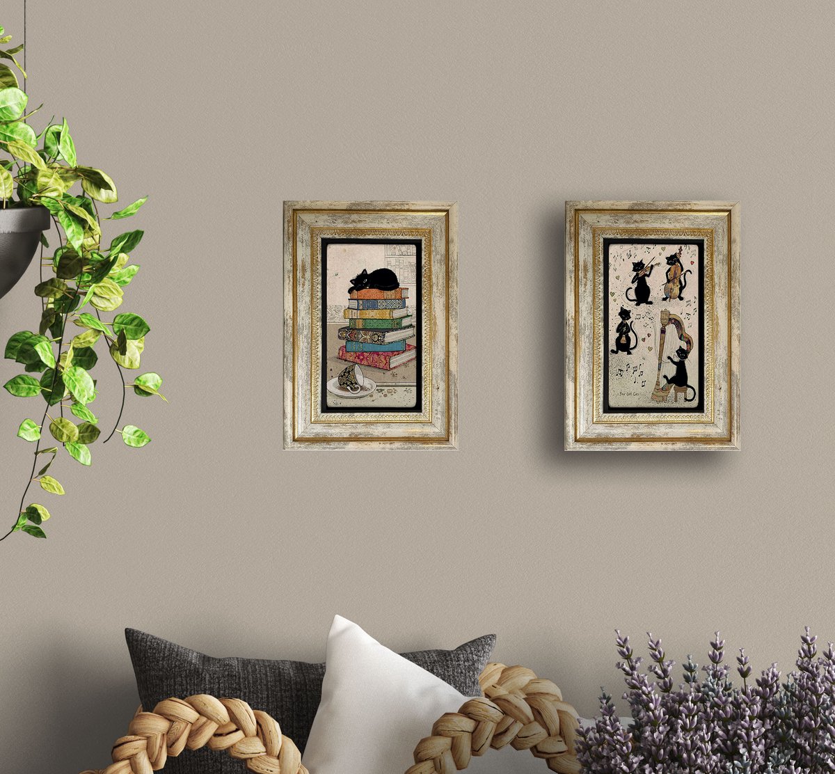Artlijn Katten Kunst Set 2 Stuks – Travertin Natuursteen Wanddecoratie – Zwarte Katten – Boeken & Muziek Thema