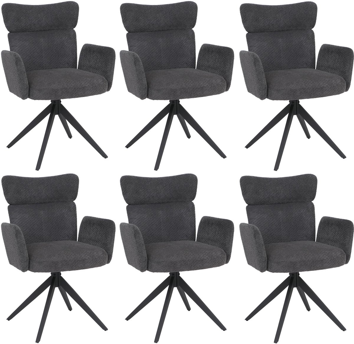 Set van 6 eetkamerstoelen MCW-N11, draaibare stoel met automatische terugloop, bouclé-stof 350 g/m², Oeko-Tex ~ donkergrijs, poten donkergrijs