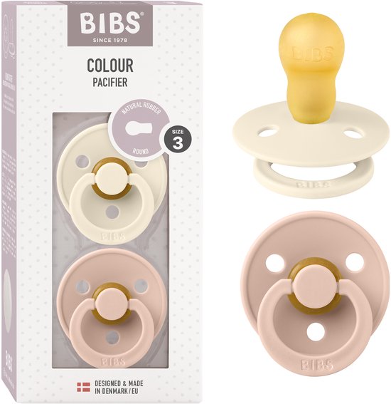 BIBS Colour Speen verpakking van 2 stuks. BPA-vrij, Ronde speen. Natuurlijk rubberlatex, Gemaakt in Denemarken. Maat 3 (18+ maanden), Ivory / Blush