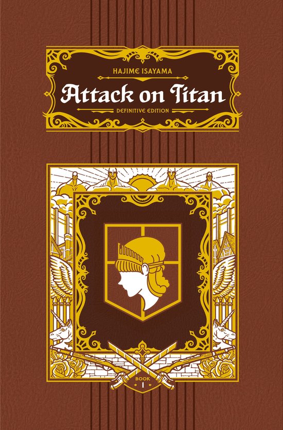 Attack on Titan Definitive Edition Boek 1 met gouden sierrand, een schild met een profielkop en zonne-elementen.