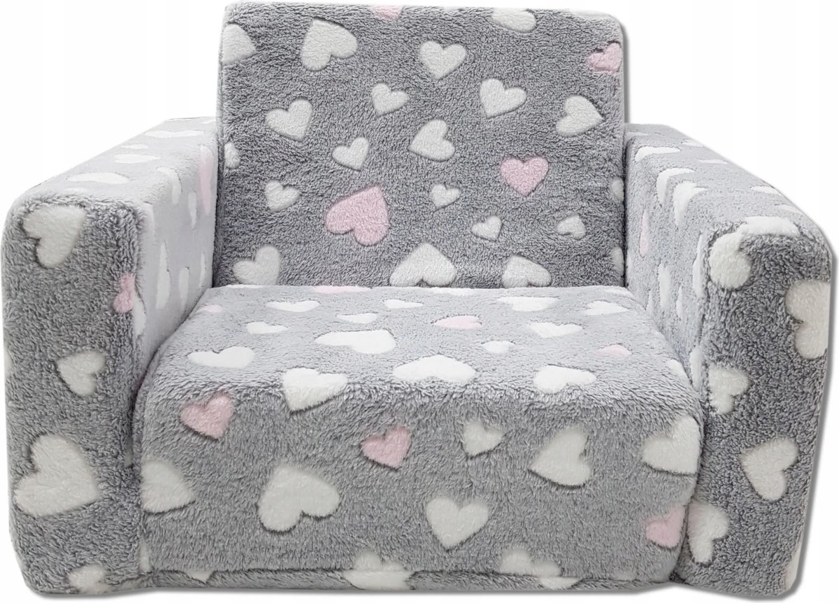 Kindvriendelijke opvouwbare pluchen kinderstoel met zitting en ligfunctie – comfortabel kids relaxfauteuil, roze harten