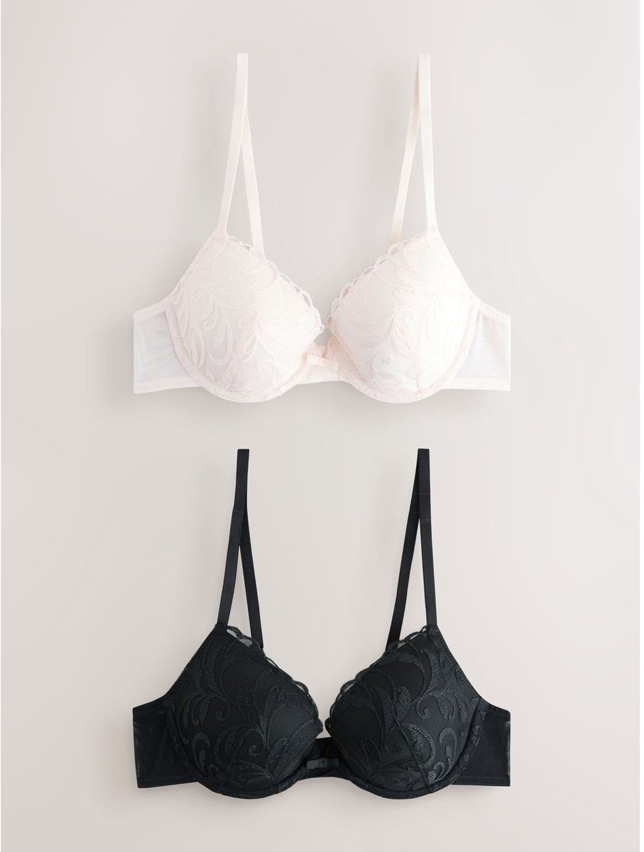 Next Dames - Set van 2 laag uitgesneden beha's met borduursels en vulling - Zwart Black/Cream