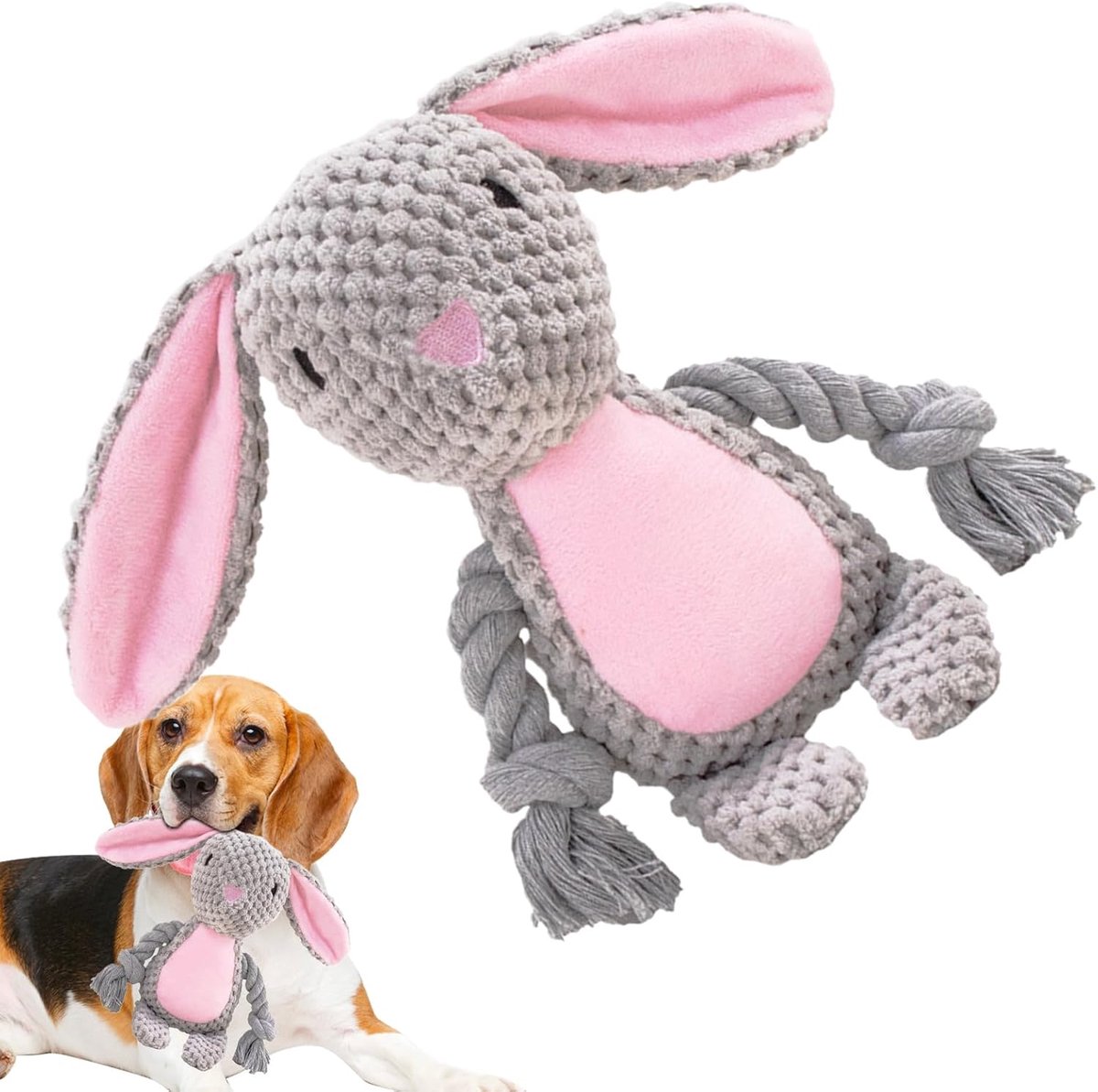 Hondenspeeltje Piepend - Kauwspeelgoed Knuffel - Zelfstandig Spelen - Vormvaste Vulling - 10x6x24cm - Konijn