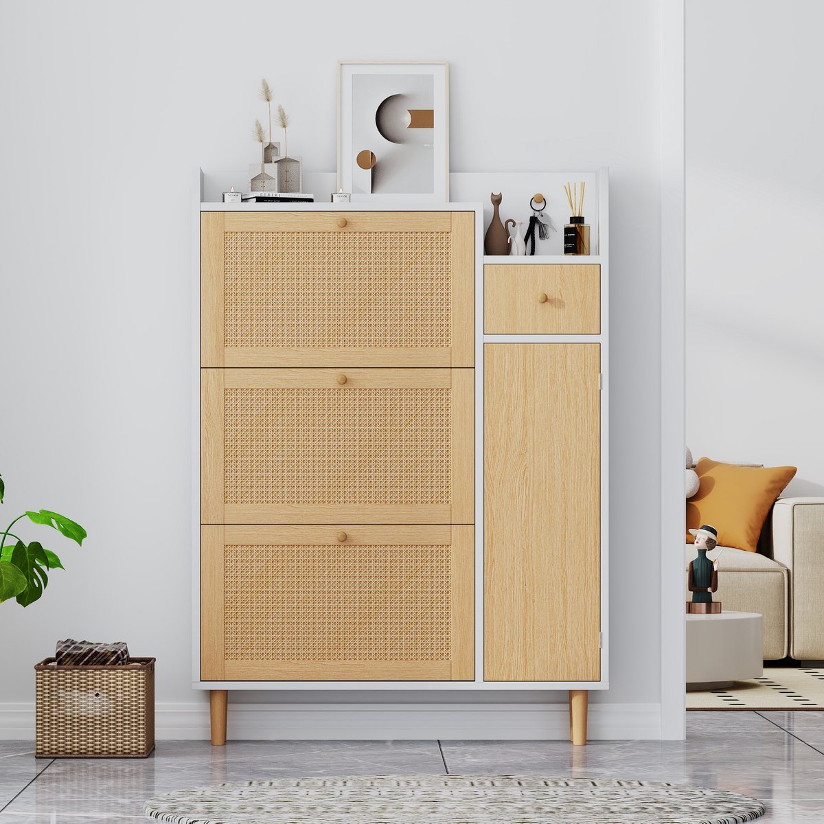 Wishdor - Schoenenkast - 3 Kanteldeuren En 1 Lade - Rattanlook - Voor Smalle Hal - MDF En Hout - Naturel Wit - 90 X 125 X 17 Cm