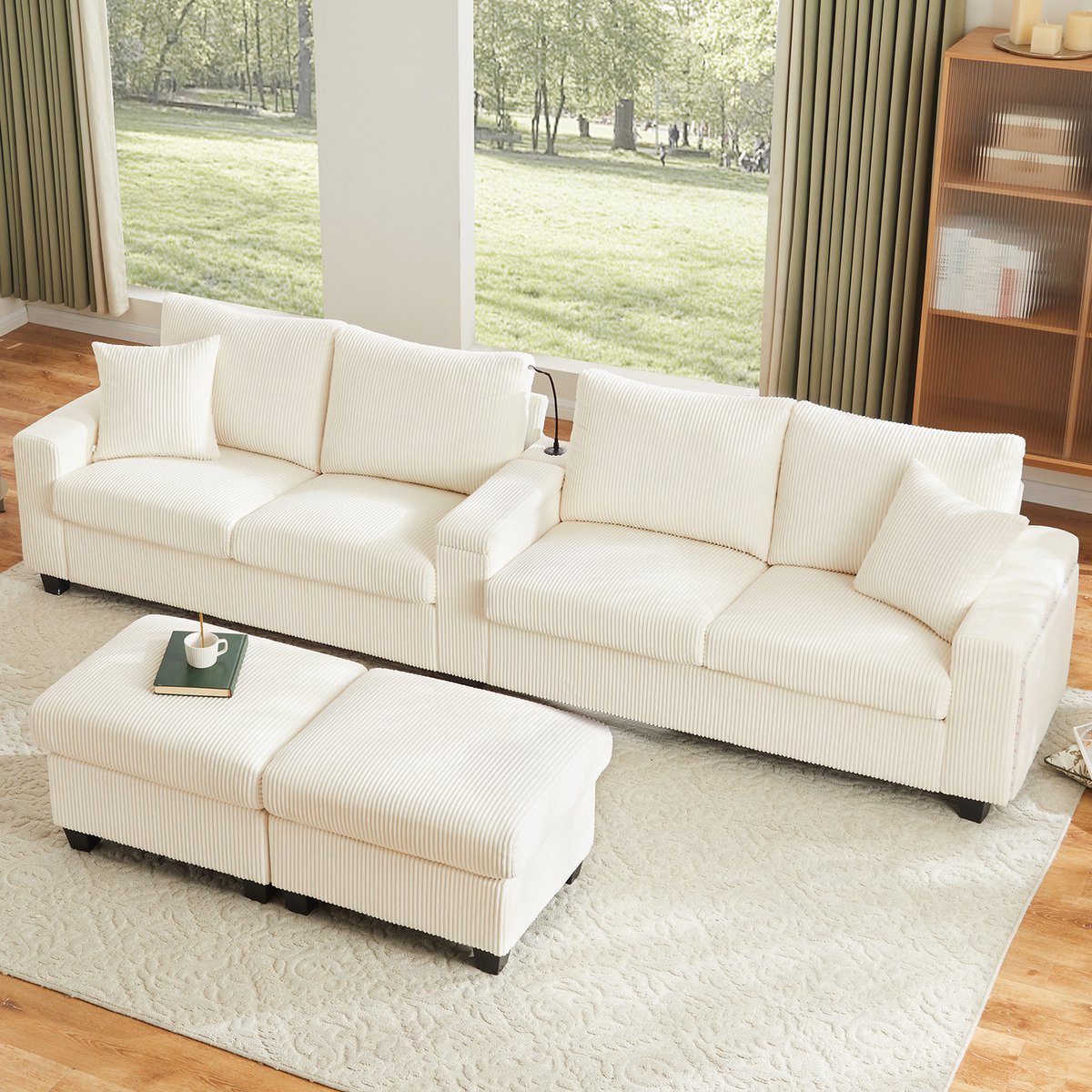 Wishdor U-Vormige Bank - Met Hockers En Oplaadpoorten - Modern - Voor Woonkamer - Corduroy - Beige - 334 x 128,5 x 81 cm