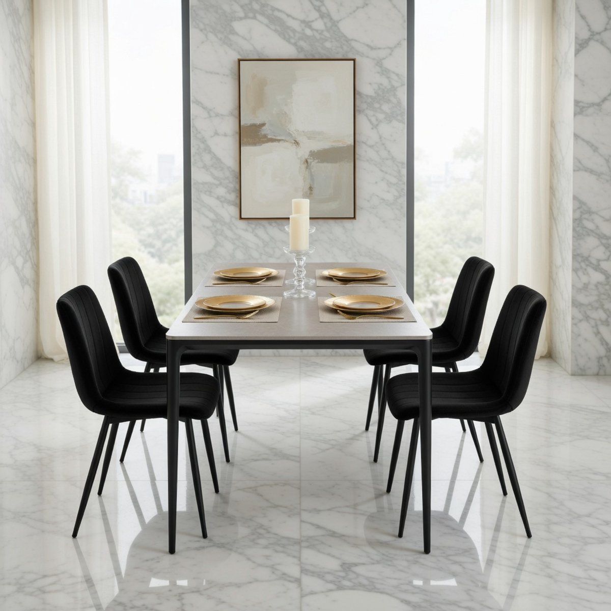 Eetkamerstoelen Set van 6 – Luxe Gestoffeerde Fluwelen Stoelen met Rugleuning – Scandinavisch Design – Zwart – Metalen Poten – Comfortabele Keukenstoelen voor Eetkamer, Woonkamer, Slaapkamer | Novihome