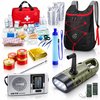Overzicht van een complete noodpakket inclusief EHBO-kit, rugzak, waterfilter, radio, zaklamp, nooddekens en meer.
