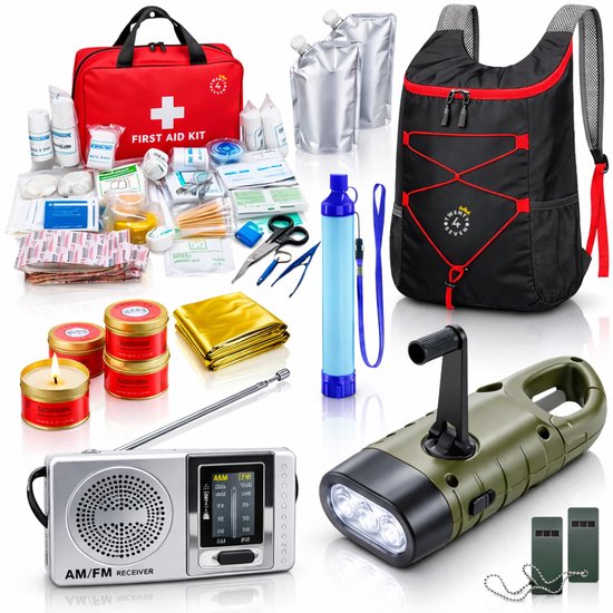 Twenty4seven® Ultieme Noodpakket voor Thuis - Survival Kit & Overlevingspakket - Oorlog, Stroomuitval & Rampen - Inc. Waterfilter, Nooddeken, Noodverlichting Etc.